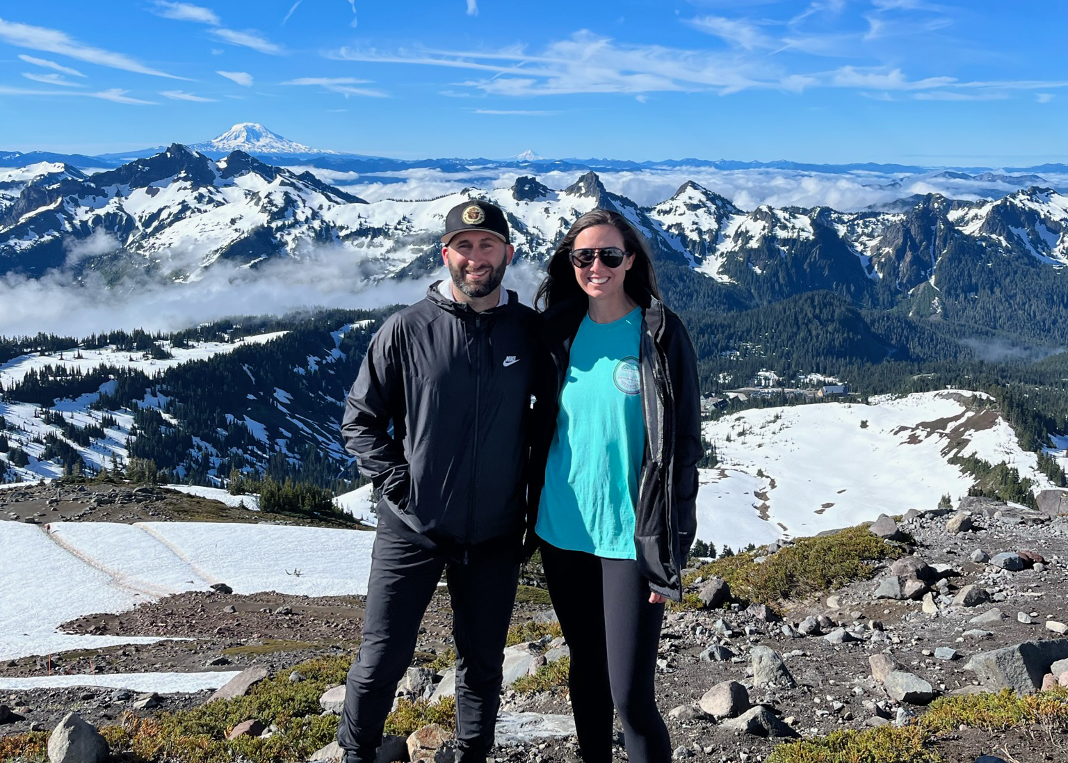 Anthony and his wife Emily hiking near Mt. Rainier